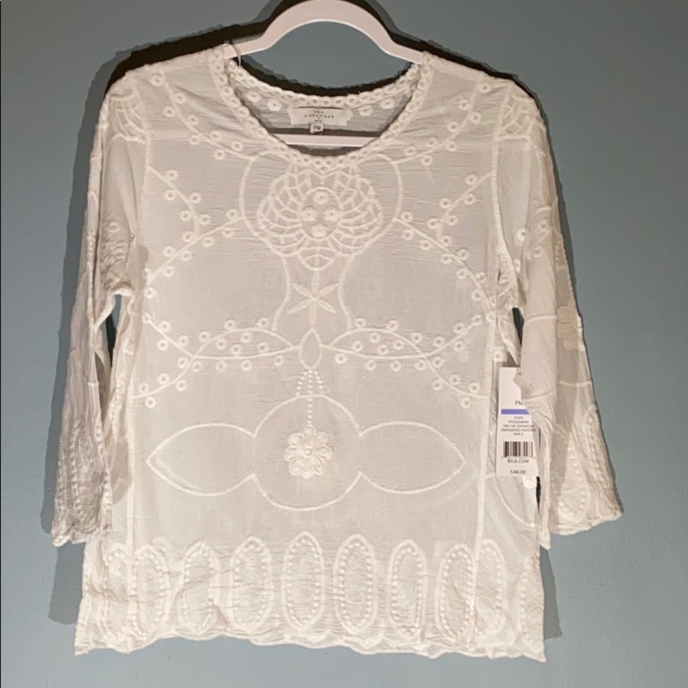 New Directions white Embroidered sheer top